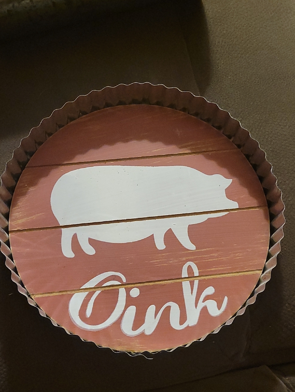 Round Pig Wall Sign "Oink" - White Pig on Coral Background